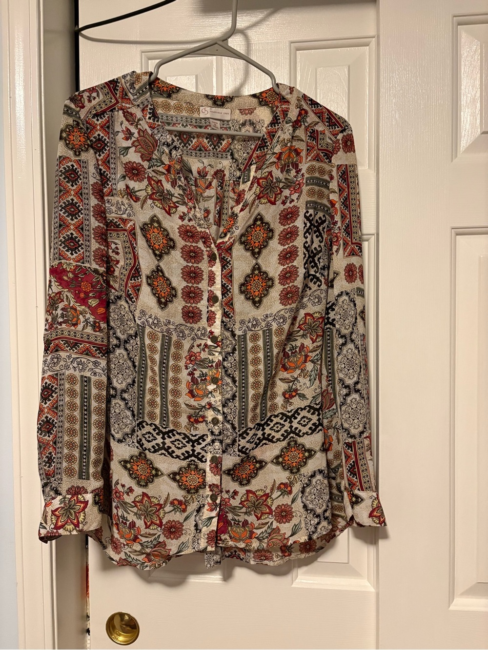 Dress Barn Floral Patchwork Button-Front Blouse in Cream, Orange, Black